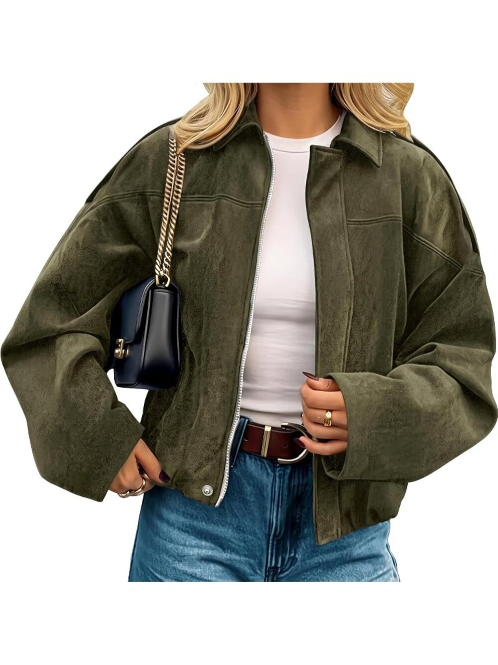 Women’s Green Faux Suede Cropped Open Front Lapel Pocket Coat Bomber Jacket